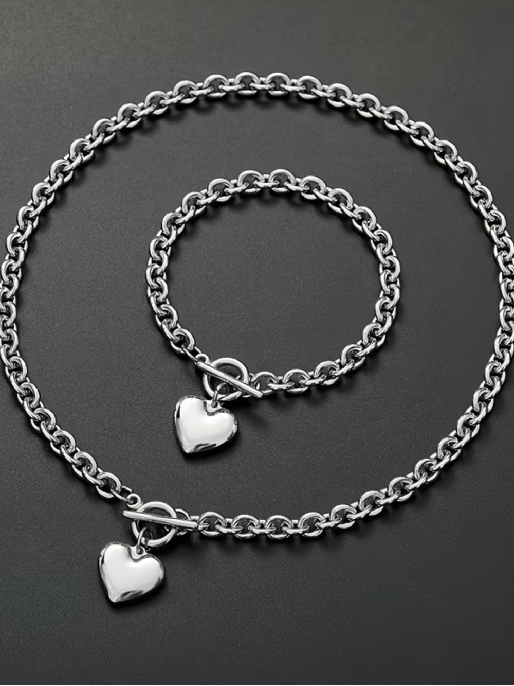 Heart Charm Toggle Necklace & Bracelet Set - Silver